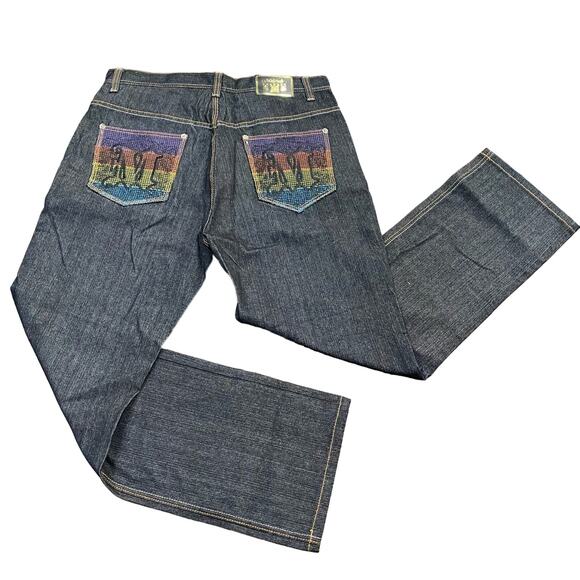Vintage Y2K Makaveli Branded Black Denim Embroidered Baggy Hip Hop Jeans 38x33 - Picture 1 of 8